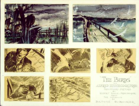 Storyboard de 'The Birds' dibujado por el diseñador de producción Robert F. Boyle.